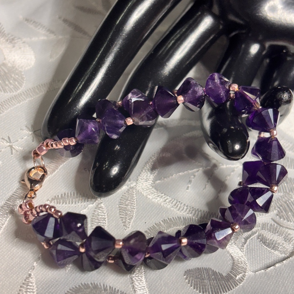 Handmade Amethyst Gemstone Bracelet rose gold tone lobster claw clasp 7.5 inches - Picture 4 of 9